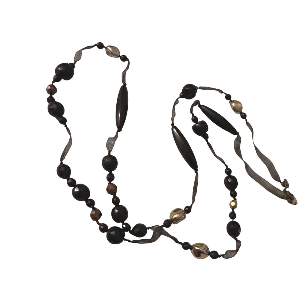 Black Sheer Ribbon Beaded Long Strand Necklace Gold Bronze Mixed Media Artsy